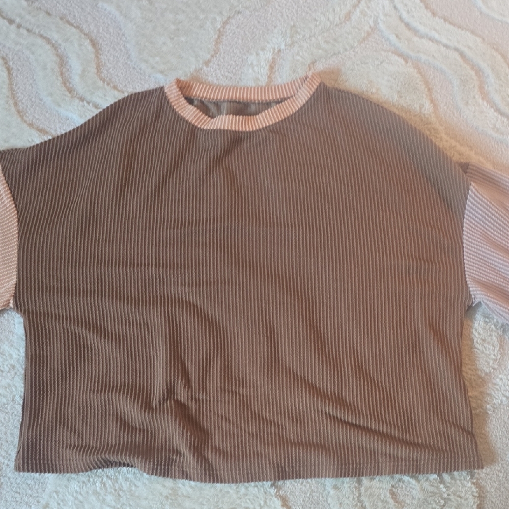 Brown and Pink Ribbed Short Sleeve Top